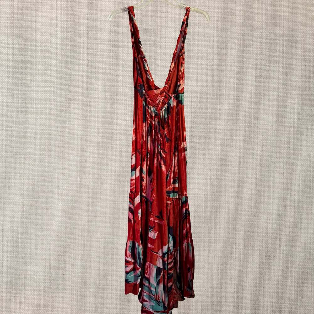 Anthropologie Red Tropical Print Deep V-Neck Tiered Maxi Dress tropical goddess - Picture 6 of 12